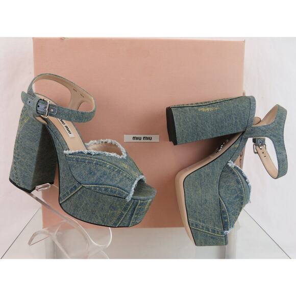 MIU MIU 5XP832 BLUE WASHED DENIM BUCKLE ANKLE STRAP SANDAL PLATFORM PUMPS 37 - Picture 2 of 14